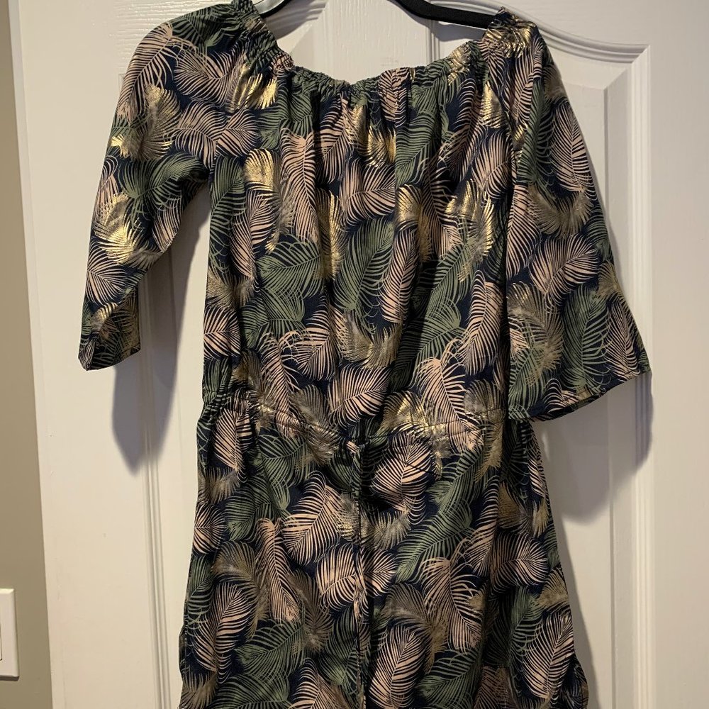 Blue Island Tropical Print Off Shoulder Dress